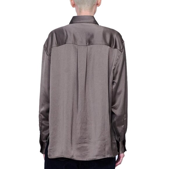 MIJEONG PARK Women's Oversized Satin Shirt Size L In Olive - Picture 3 of 10